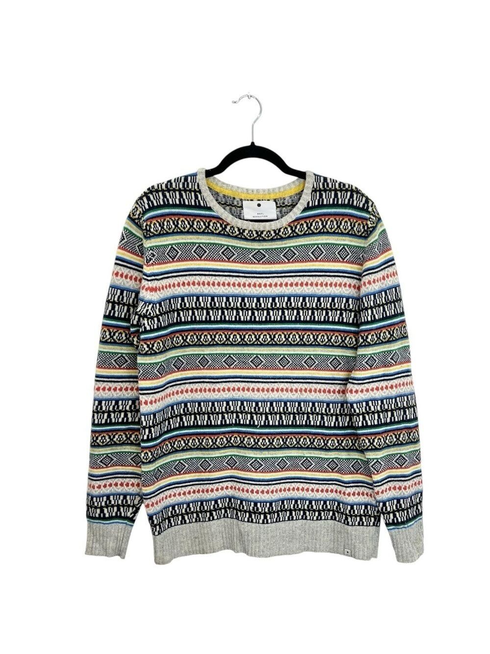 RVLT Revolution Denmark grey blue fair isle Nordic crew neck ski sweater XL